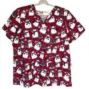 Tafford Scrub Top 100% Cotton Holiday Snowman Christmas Burgundy Red Women XL